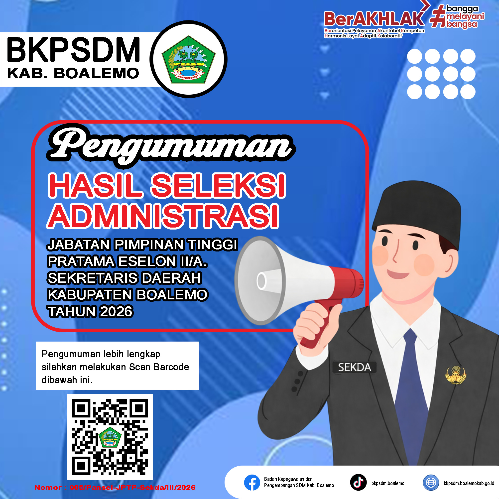 PENGUMUMAN  HASIL SELEKSI ADMINISTRASI PENGISIAN JABATAN PIMPINAN TINGGI PRATAMA JABATAN SEKRETARIS DAERAH  KABUPATEN BOALEMO TAHUN 2026